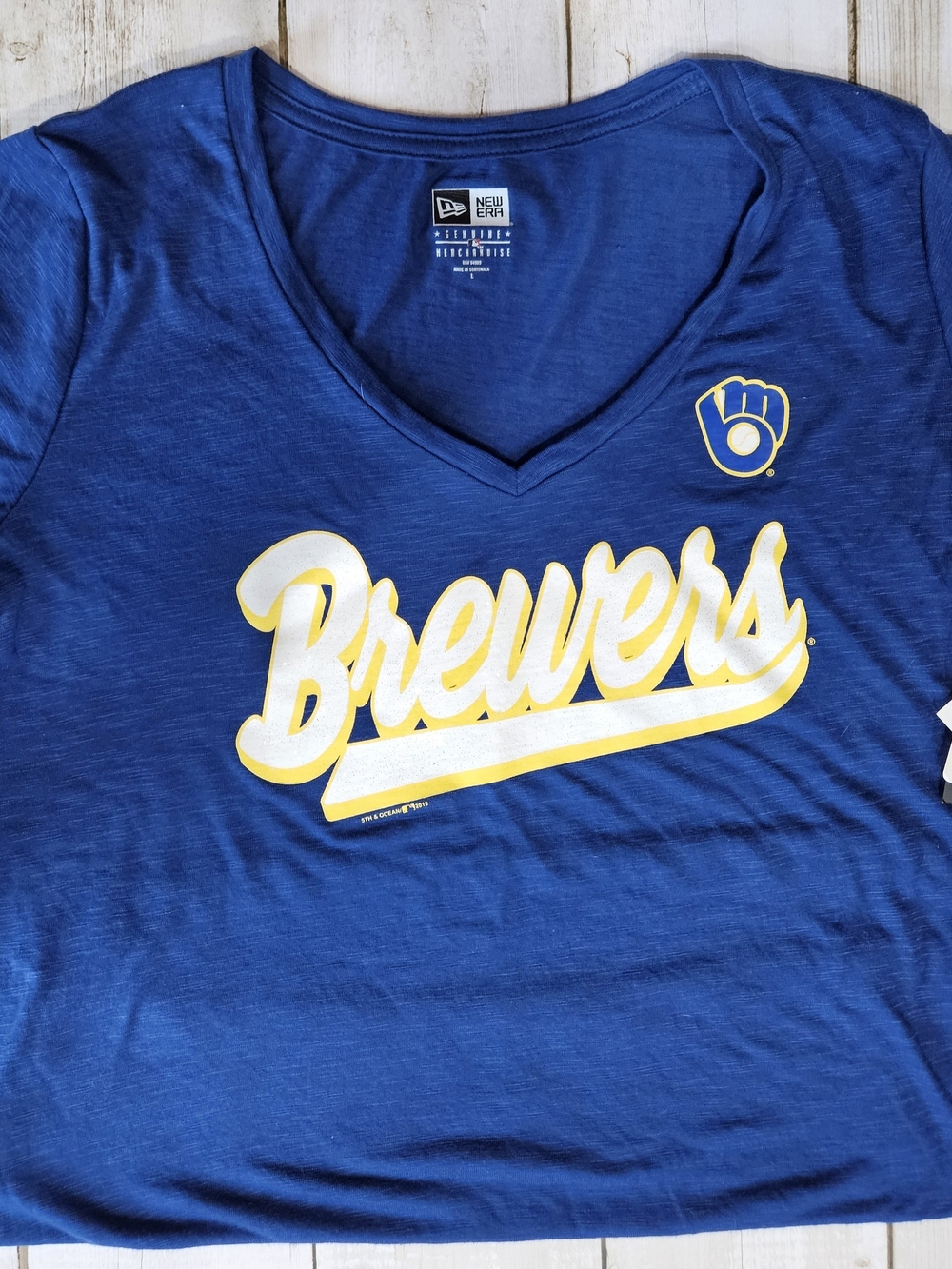 Women's New Era Royal Blue Brewers Script V-Neck Tee with White & Yellow Logo